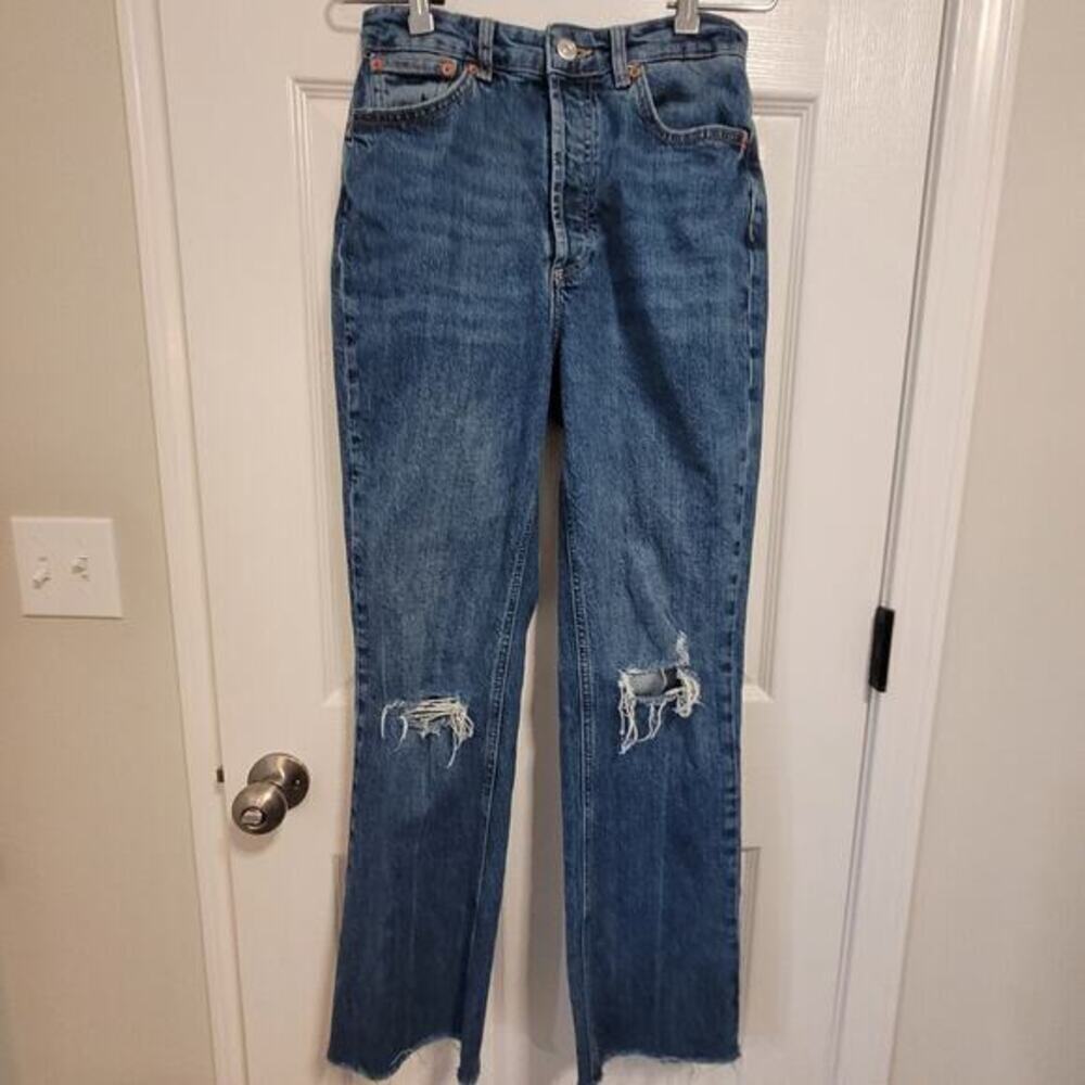 Zara Jeans 4 Women's High Rise Straight Leg Distressed Denim Blue Jeans 90s Y2k